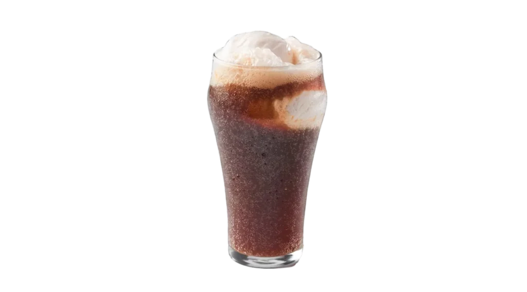 Freddy's menu featuring a classic root beer float topped with scoops of vanilla ice cream in a tall glass.